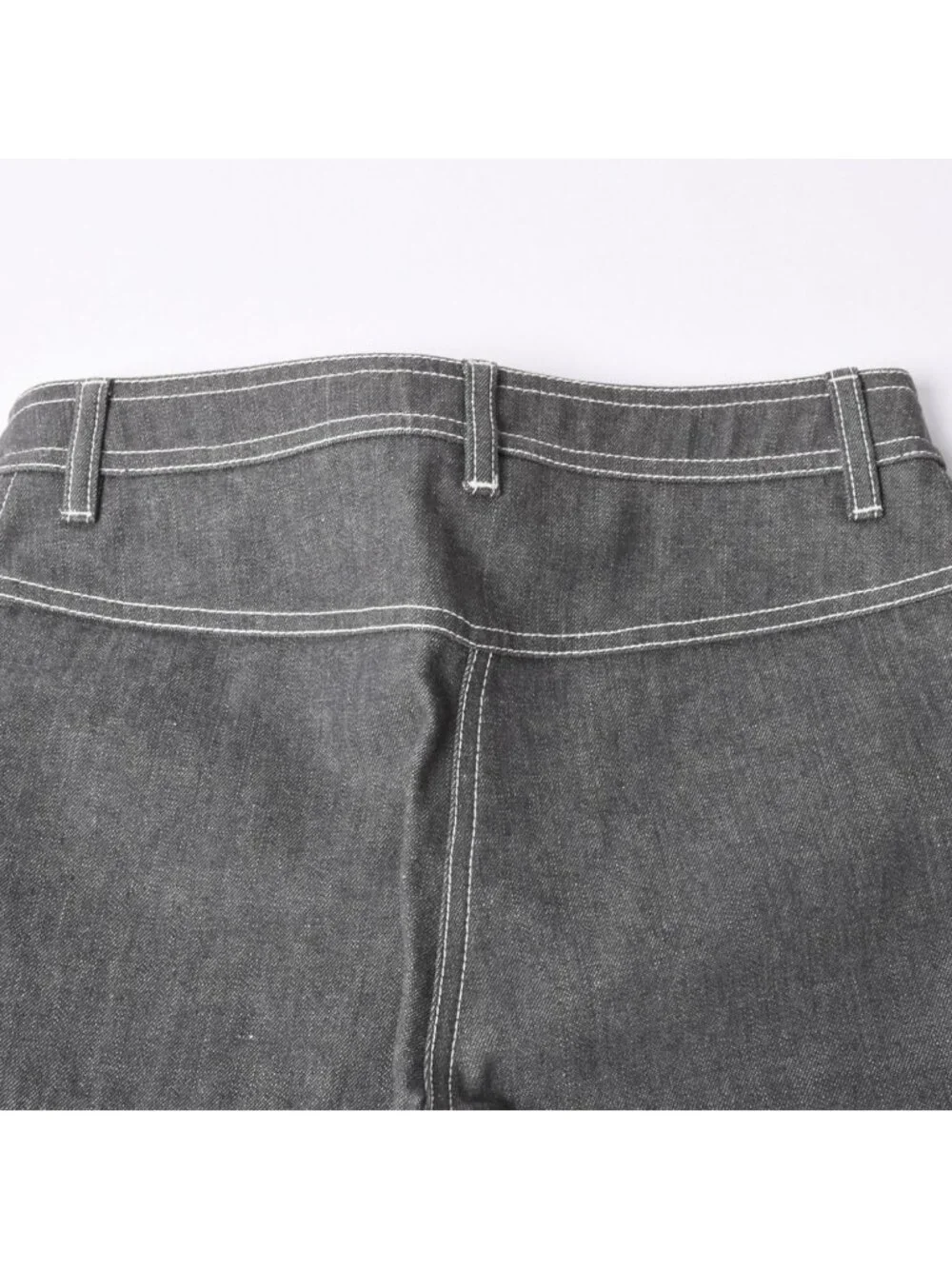 Chanel Flare Bell Denim Pants CC Logo Rhinestone Gray Bootcut White Stitch